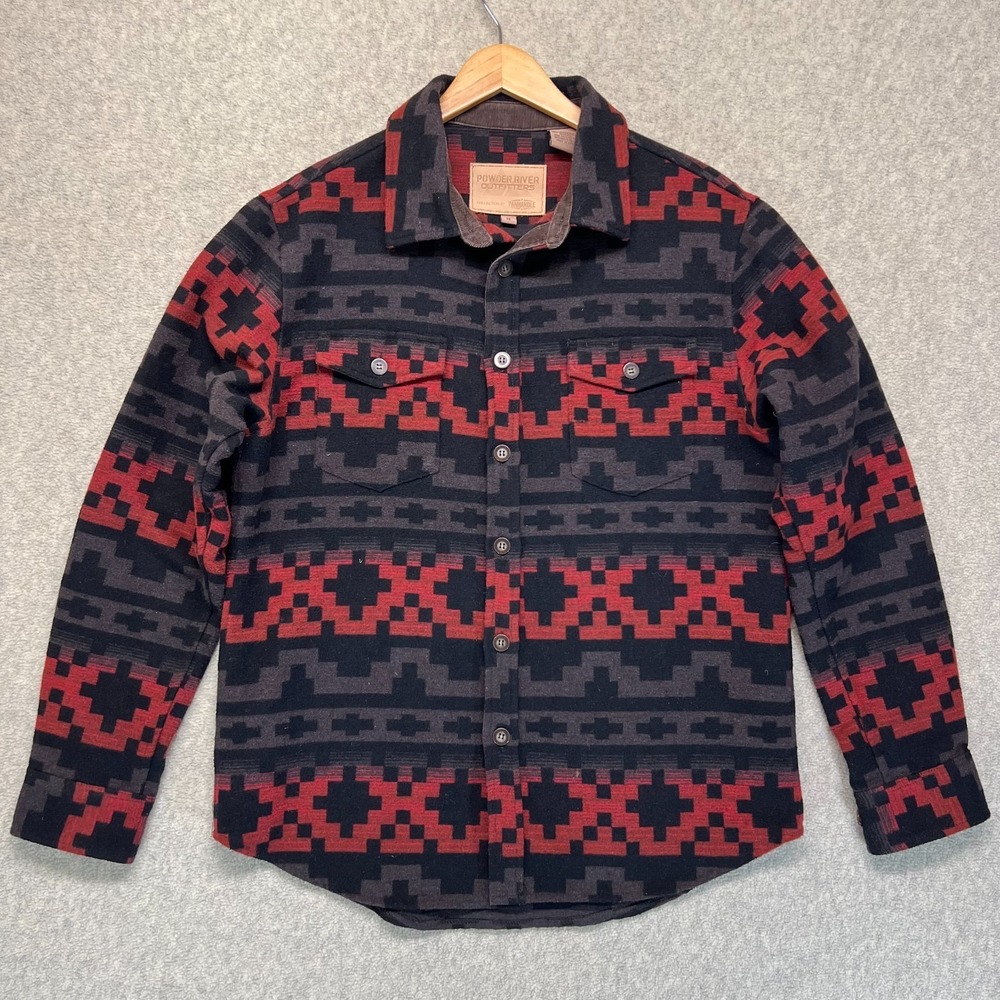 Powder River Outfitters Mens Western Shirt‎ Jacket Red Jacquard Aztec Pockets M